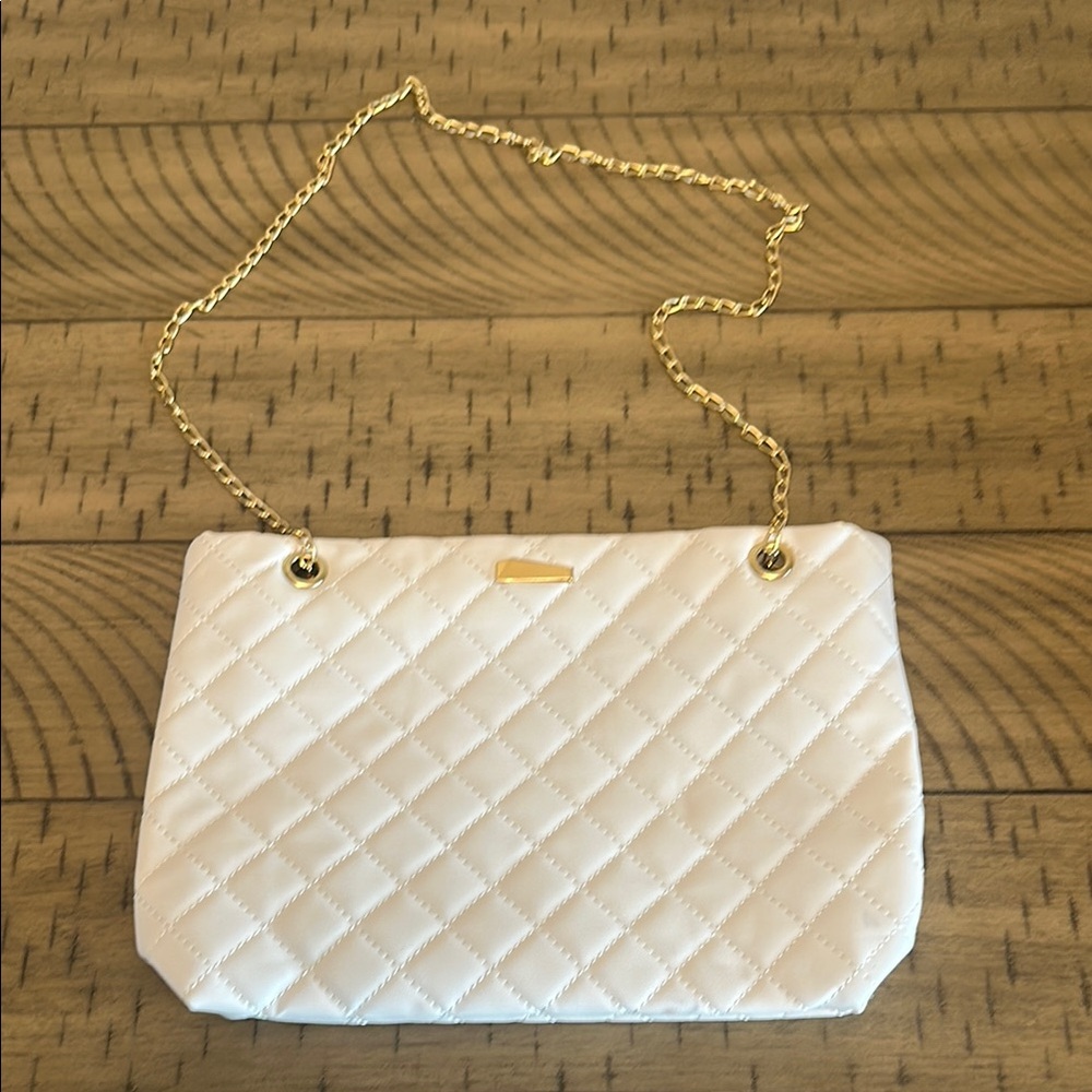 White and Gold Quilted Shoulder Bag with Chain Strap